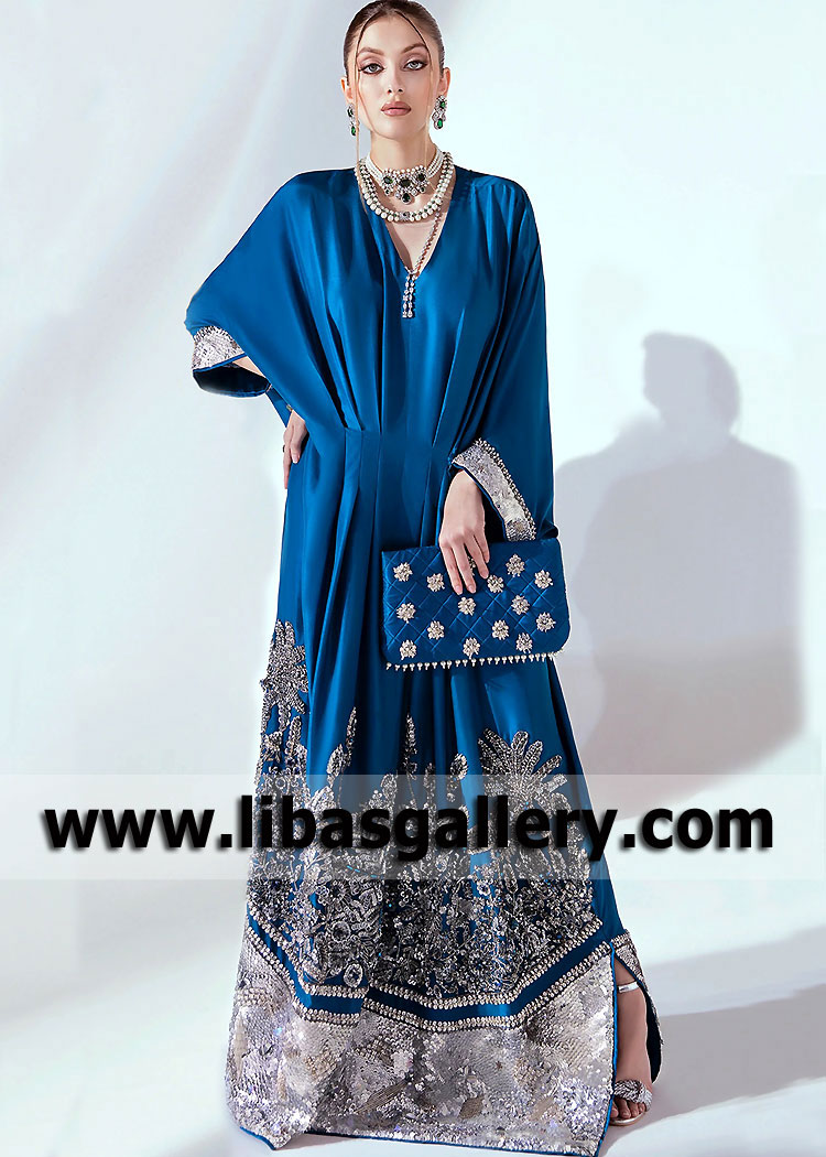 Turn heads when you show up with these sweet Kaftan outfits. Its luxe-looking Pakistani Kaftan Suits UK USA Canada Arabic Kaftan Dresses Latest Kaftan Designs long Kaftan styles will instantly level up your look. Dazzling Bridal Kaftan dress is perfect for occasions such as weddings, for sisters of the bride and groom, or for a more special occasion.