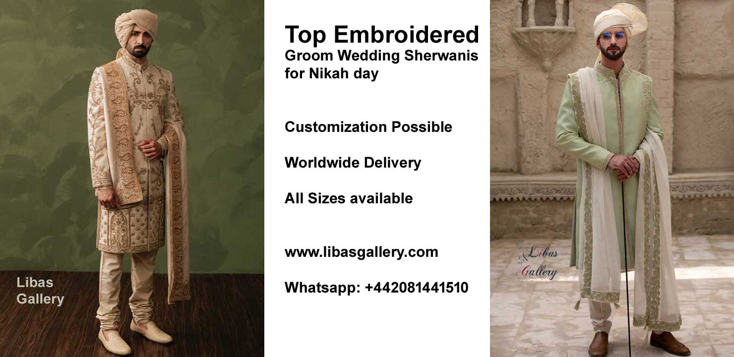 Top Embroidered Groom Wedding Sherwani Styles with Inner Turban Shawl and Shoes Dubai Toronto New York London Perth Doha