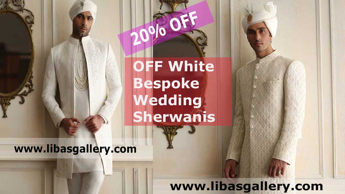 Pakistani Indian latest off white Men Raw Silk wedding sherwanis embroidered with turban shawl shoes fast postage UK USA Canada Dubai Australia