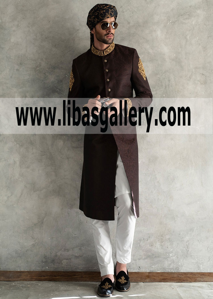 Latest Wedding Sherwani 2019 for Groom Raw Silk Velvet Karandi Slim fit UK USA Canada Australia Dubai