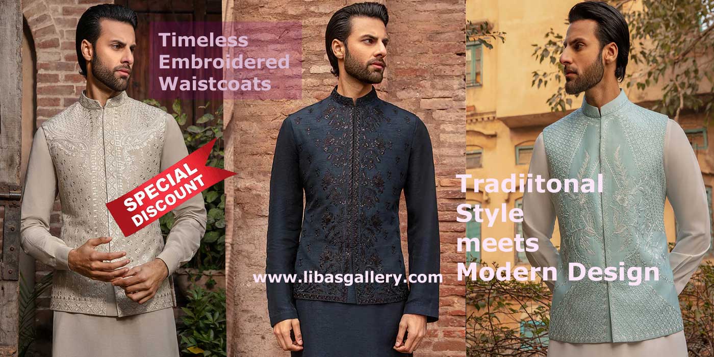 Embroidered Groom waistcoat styles in ice blue navy blue and gray with inner kurta shalwar suit