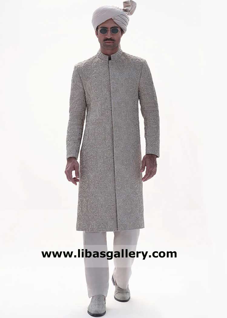 premium hand embellished and embroidered latest wedding sherwani styles for groom nikah day with inner suit shoes and turban UK USA Canada Dubai Australia