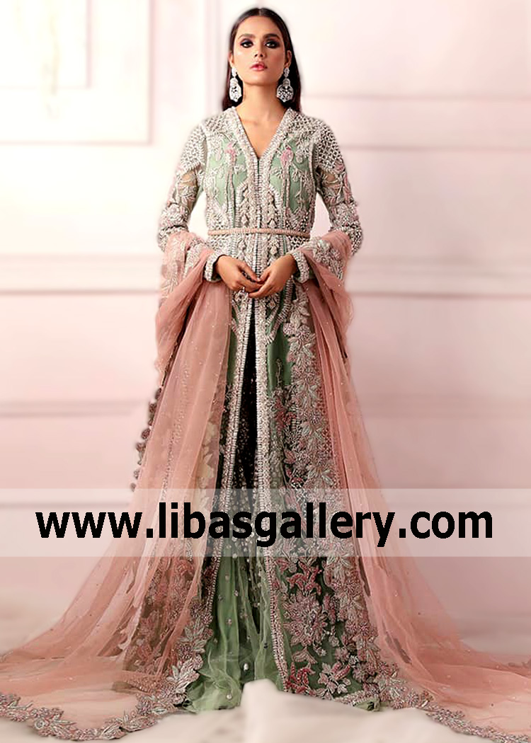 Celebrate your momentous occasion with Sana Safinaz Engagement Evening Dresses trendy V-neckline and high slit Evening party dresses. Grab the opportunity to look as gorgeous as in designer dresses.
