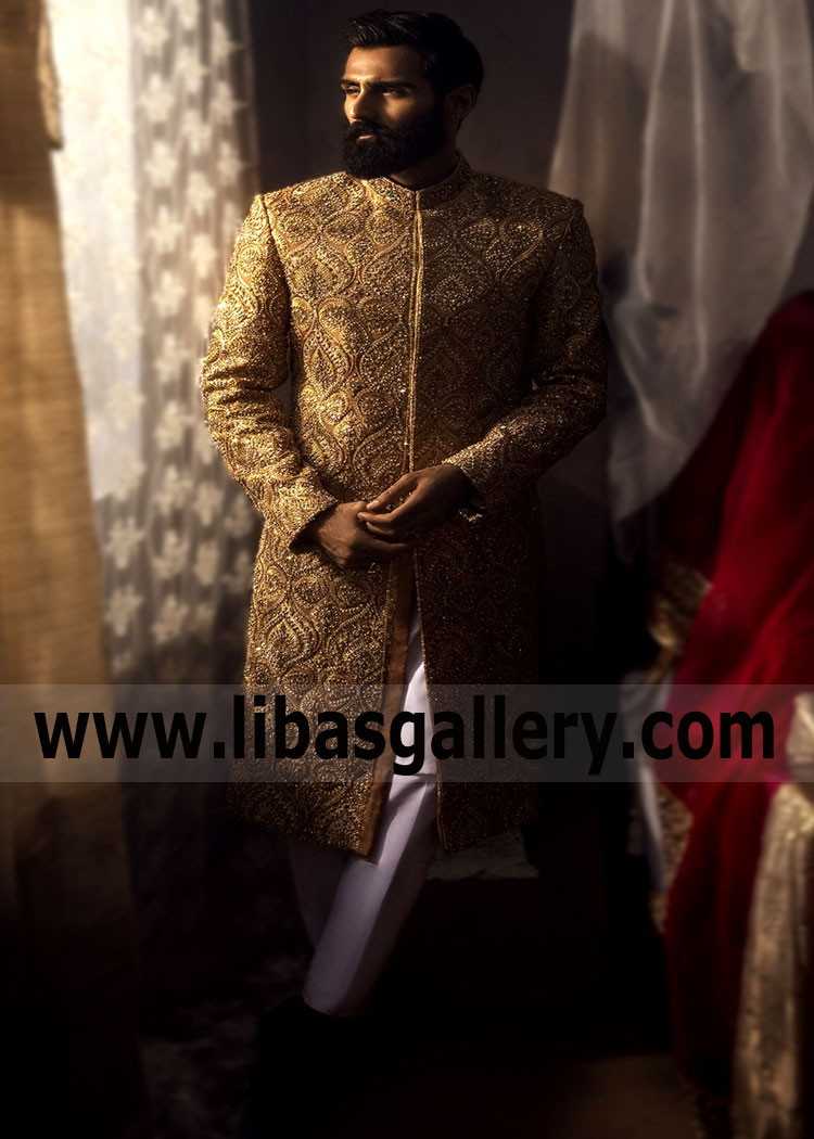 Traditional Golden Sherwani with Straight-cut Pants - Groom
