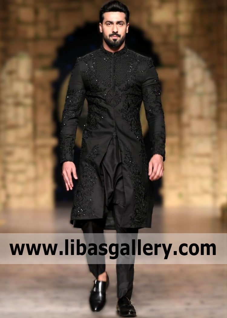 Shop with the best Sherwani suits Emraan Rajput Bespoke Sherwani Pakistan Mens Sherwani Black Wedding Sherwani UK USA Canada Australia, for any occasion. And what else can you say if a man in this wedding Sherwani suit is simply gorgeous.