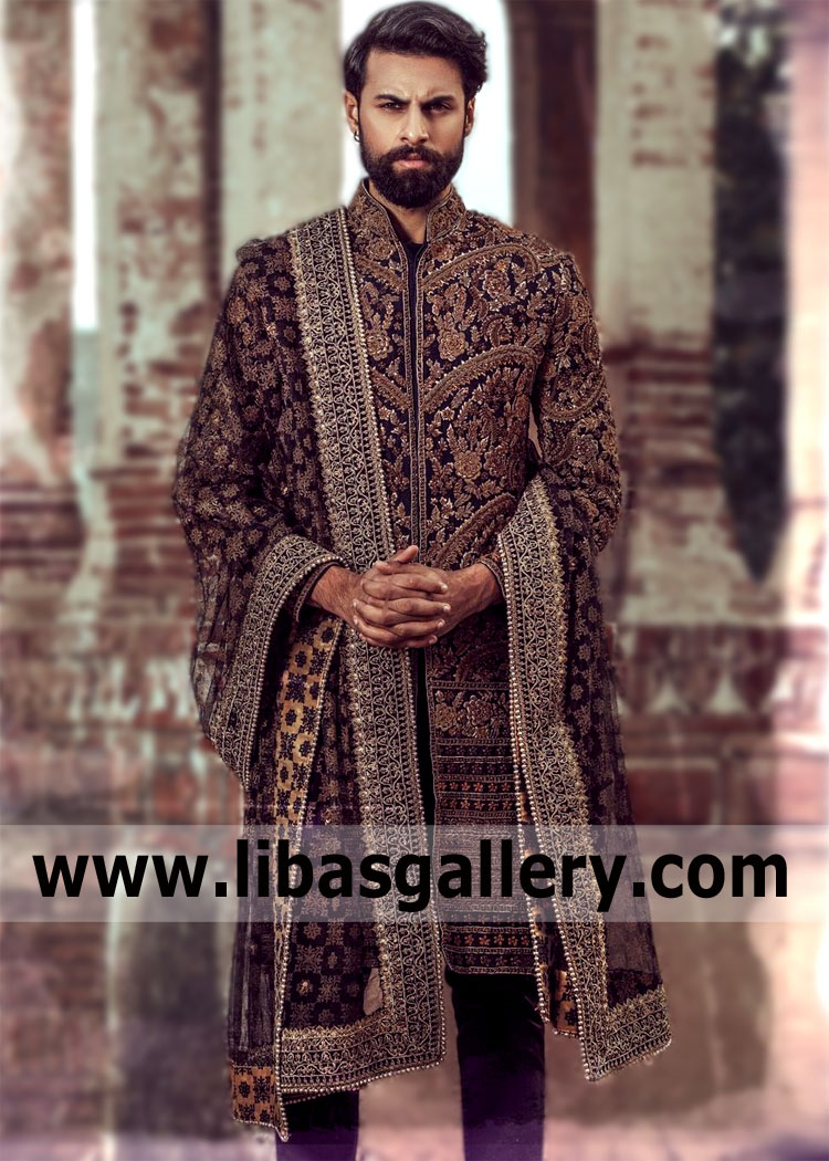 The HSY Black Sherwani Suit for Groom Kalamazoo Michigan USA Winsome Look Wedding Sherwani Designs Sherwani suit will make any man stylish and attractive. There is such a stylish Wedding Sherwani in stock. Your Groom will be the most handsome.