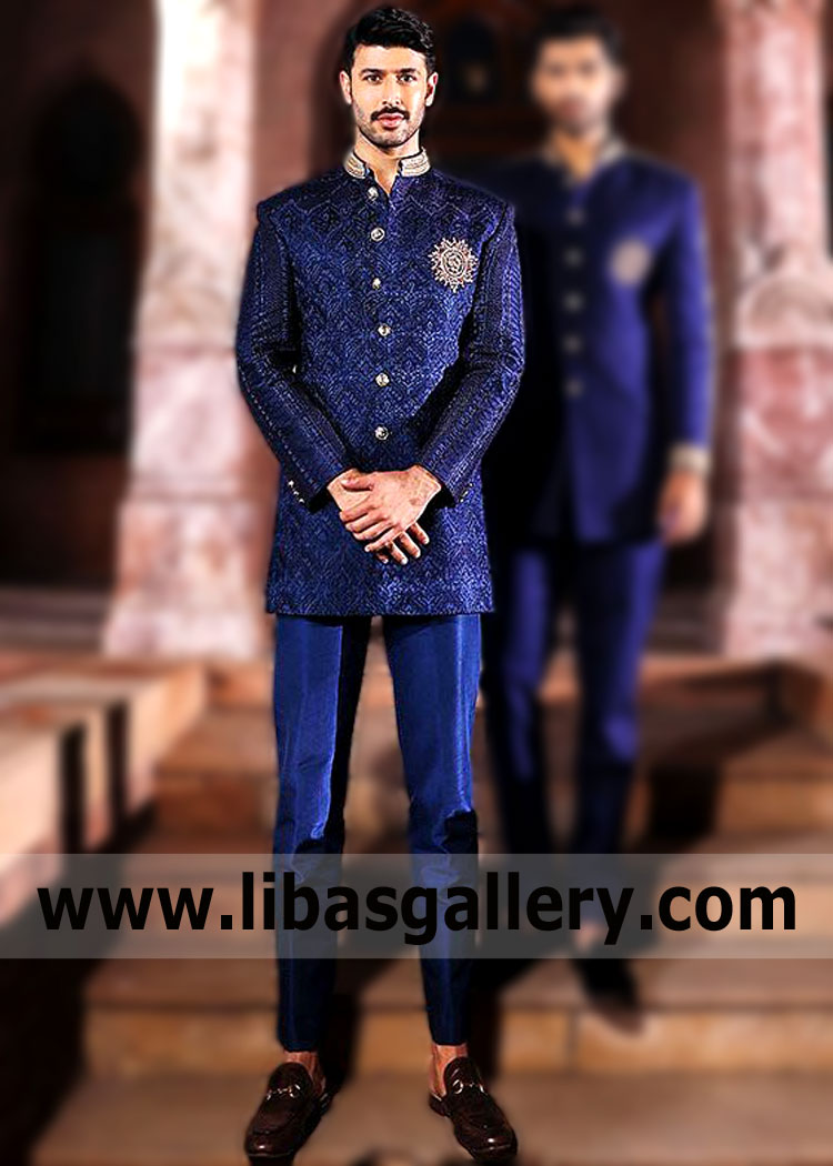 Faraz Manan worked in the high genre of menswear.He made Royal Class Sherwani Suit for Grooms Glasgow Scotland Faraz Manan Groom Sherwani Suits for Wedding,Prince Coat for pretentious men.Take a look at this Latest embellished Sherwani from the brands new