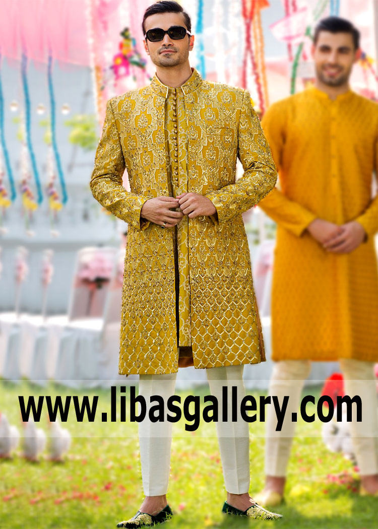 A Sherwani is a rare wardrobe item that sets high demands on a mans wedding look. Put on a Nomi Ansari Groom Sherwani Suit Surrey London UK High Quality Menswear Sherwani, and you will be guaranteed impeccable style at Royal Ceremonies,any gala event.