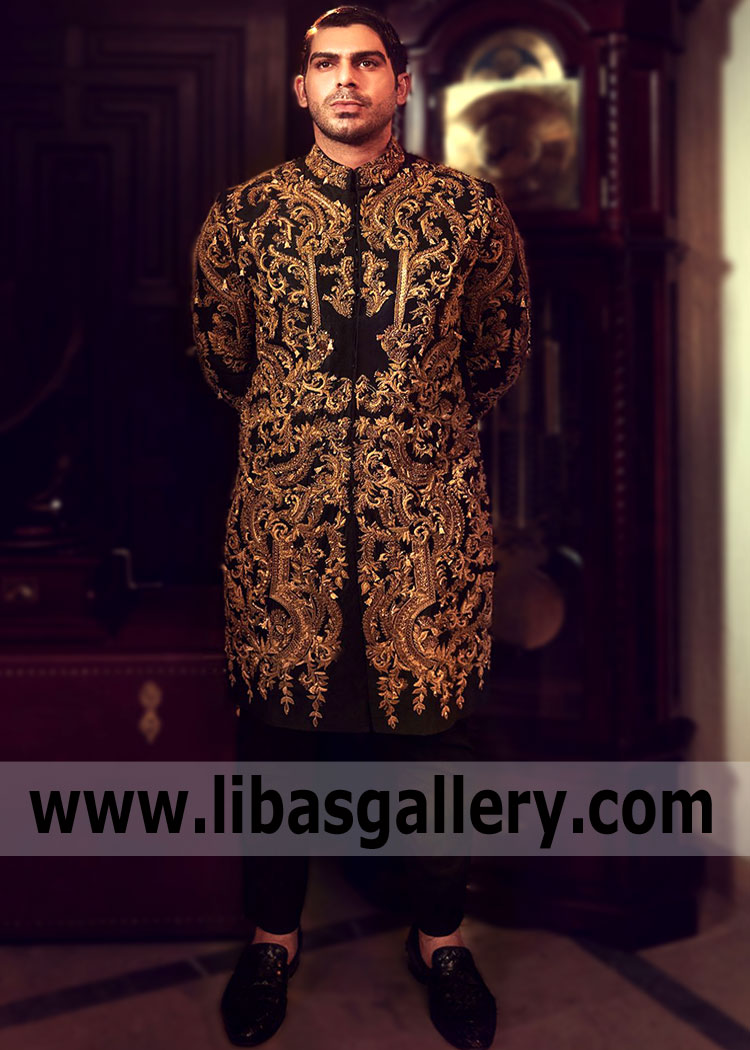 The most sophisticated solutions for grooms from the HSY Sherwani Collection Bespoke Sherwani Suits for Mens Basel Switzerland Pakistani Sherwani company.The Black color of Sherwani looks incredibly for a hanging man among the colors of mens Sherwani suit