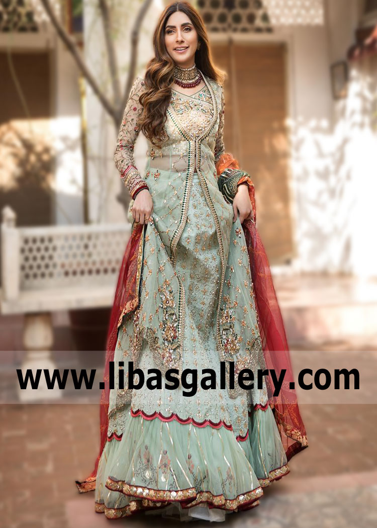 Meet Alishba and Nabeel Reception Anarkali Dresses Bridal Anarkali UK USA Canada Australia buy online, a glistening jewel Anarkali Lehenga from our 2021 bridal collection.