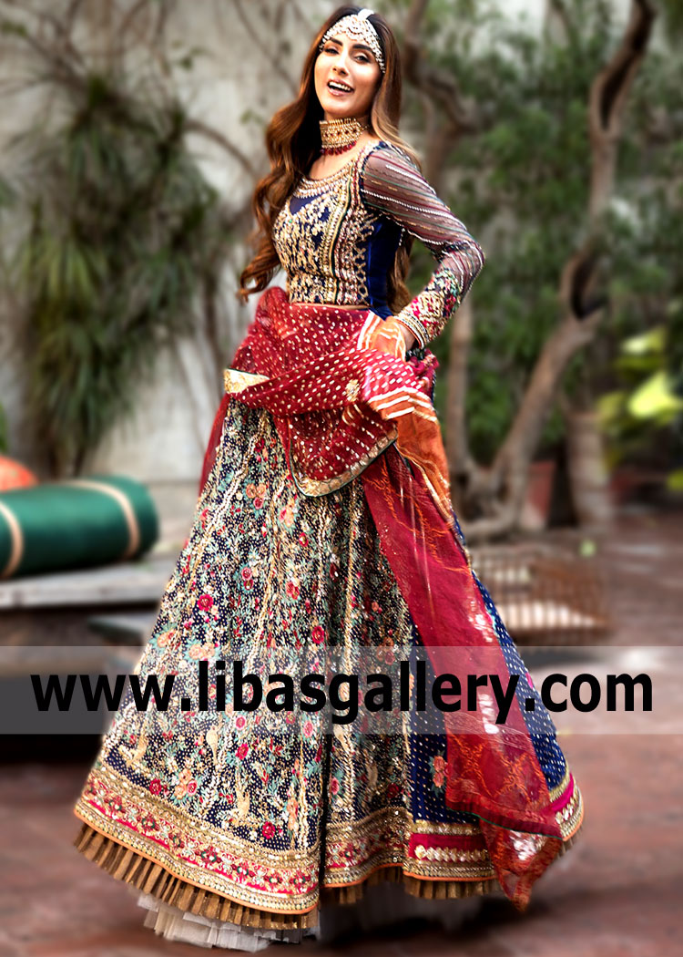 If you are an admirer of Pakistani Bridal Mehndi Dresses UK USA Canada Australia Alishba and Nabeel Bridal Lehenga for Mehndi Lehenga style,especially embellishments details,you will love our stunning Lehenga choli,Talk about a royal look for the wedding 