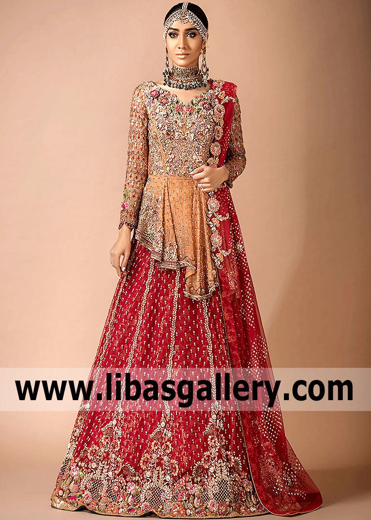 Make a grand entrance at your wedding,wowing everyone instantly in Alishba and Nabeel Bridal Dresses UK USA Canada Australia Bridal Peplum Lehenga Dresses.A swoonworthy bridal dress that is easy to wear. Beautiful motifs on the puffy lehenga are charming.