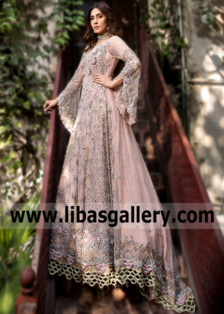 Be ready to wow everyone in Alishba and Nabeel Bridal Maxi Dress for Engagement Riyadh Saudi Arabia Arabic Bridal Dresses UK USA. Traditional,formal yet just the right amount of elegency. This is a Maxi dress suitable for the most royal brides.