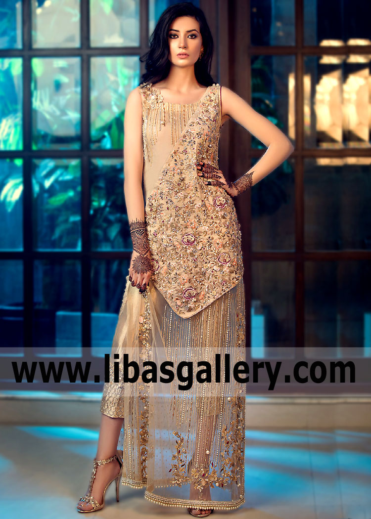 Combination of elegance and modernity. Discover more about Alishba and Nabeel New Collection. The uniqueness of the embellishments blends with the most modern designs Latest Evening Party Wear Pakistan Floor Length Heavy Embellished Wedding Guest Dresses 
