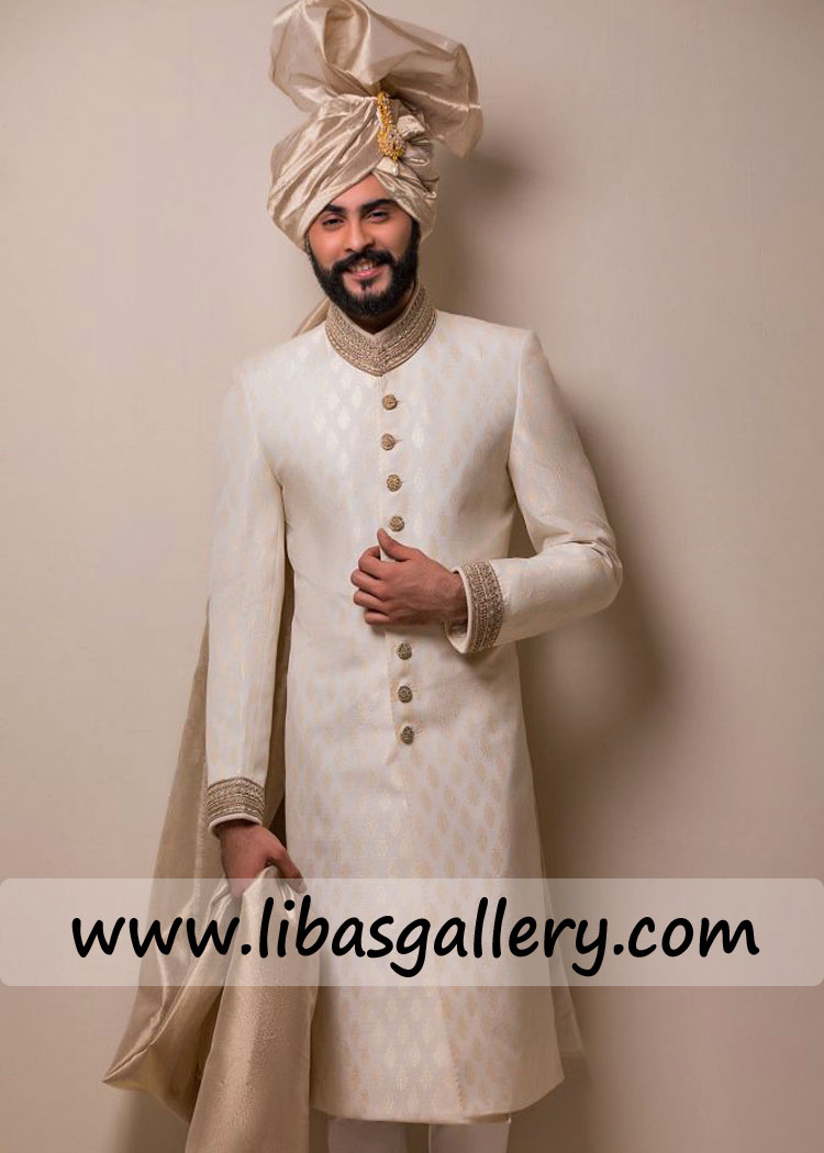 book order for fast delivery jamawar groom sherwani achkan with pretied turban and khussa pair matching