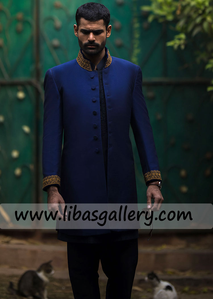 blue wedding sherwani with gold hand embellishment fast delivery worldwide