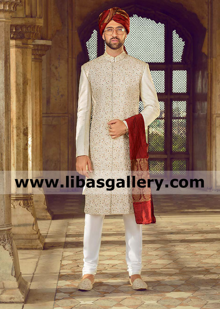 jamawar embroidered dulha groom sherwani set with turban and matching khussa worldwide delivery