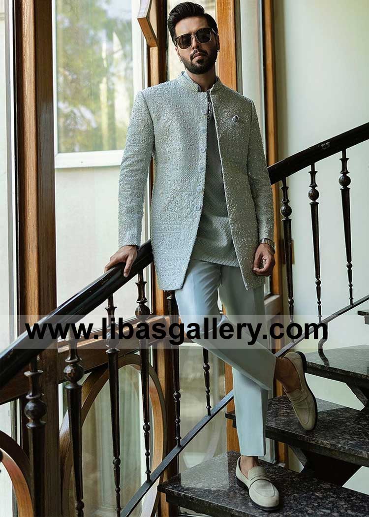 Groom Wedding Sherwani Fahad Mustafa Wearing from latest Designer Collection UK USA Canada