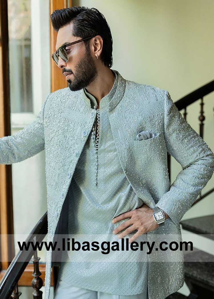 Ice Blue Self jamawar Groom wedding sherwani style France Germany Malaysia
