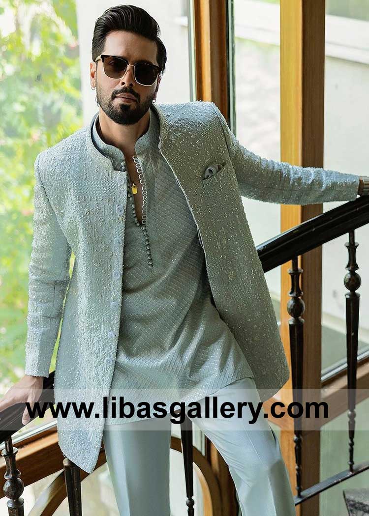 Bespoke Pakistani Ice Blue Self Jamawar Wedding Sherwani with Karandi shirt and Raw silk pants UK Dubai Australia