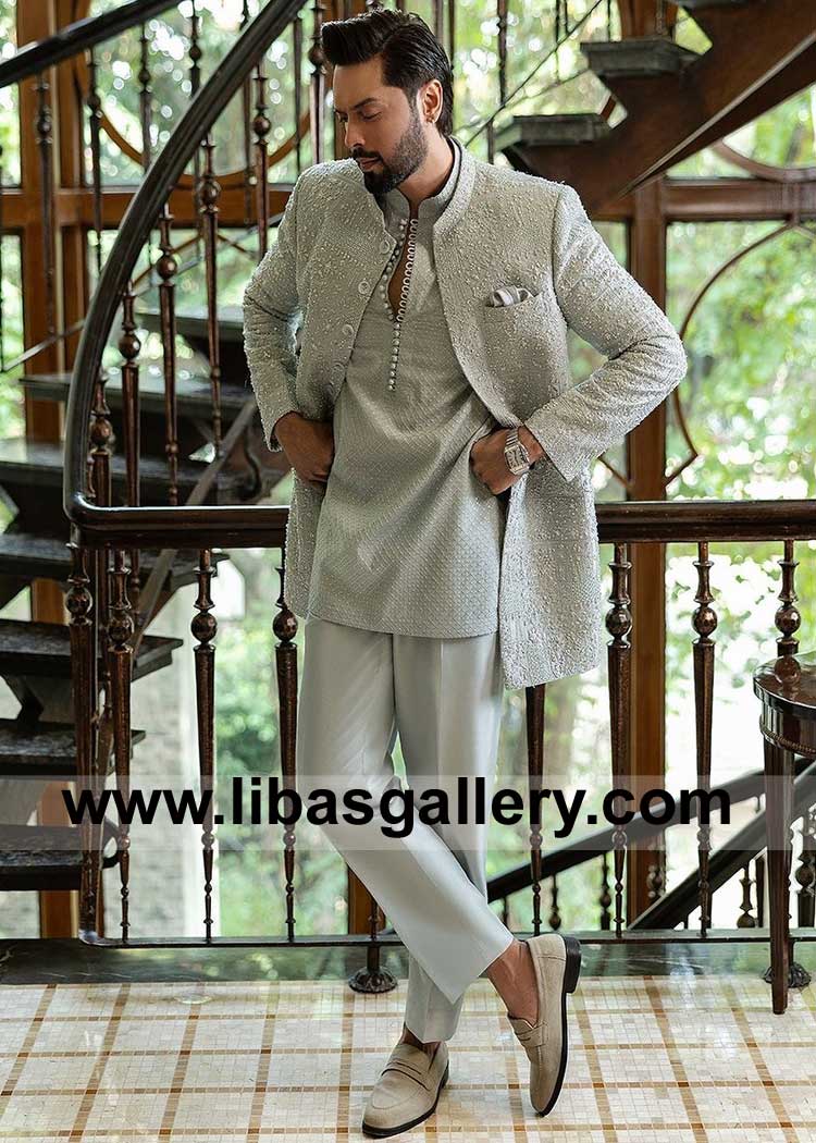Buy Groom wedding jacket with kora and dabka hand work for Nikah with matching inner Perth Toronto California Dubai Toronto