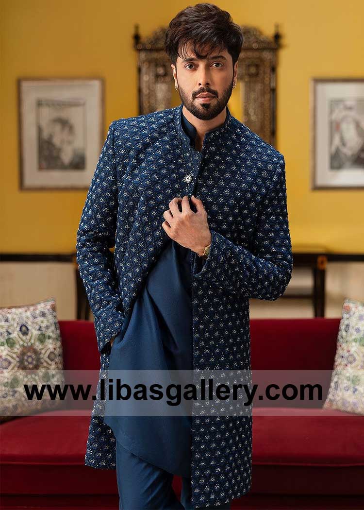 Navy Blue Designer Dulha Achkan with hand work by Kora and Dabka paired with matching raw silk inner Germany France Malaysia
