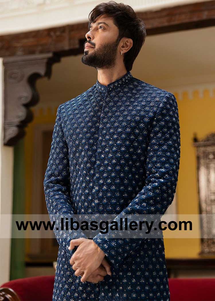 Pakistani pure karandi navy blue kora dabka hand embellished wedding sherwani suit for Groom Nikah Qatar Saudi Arabia Kuwait