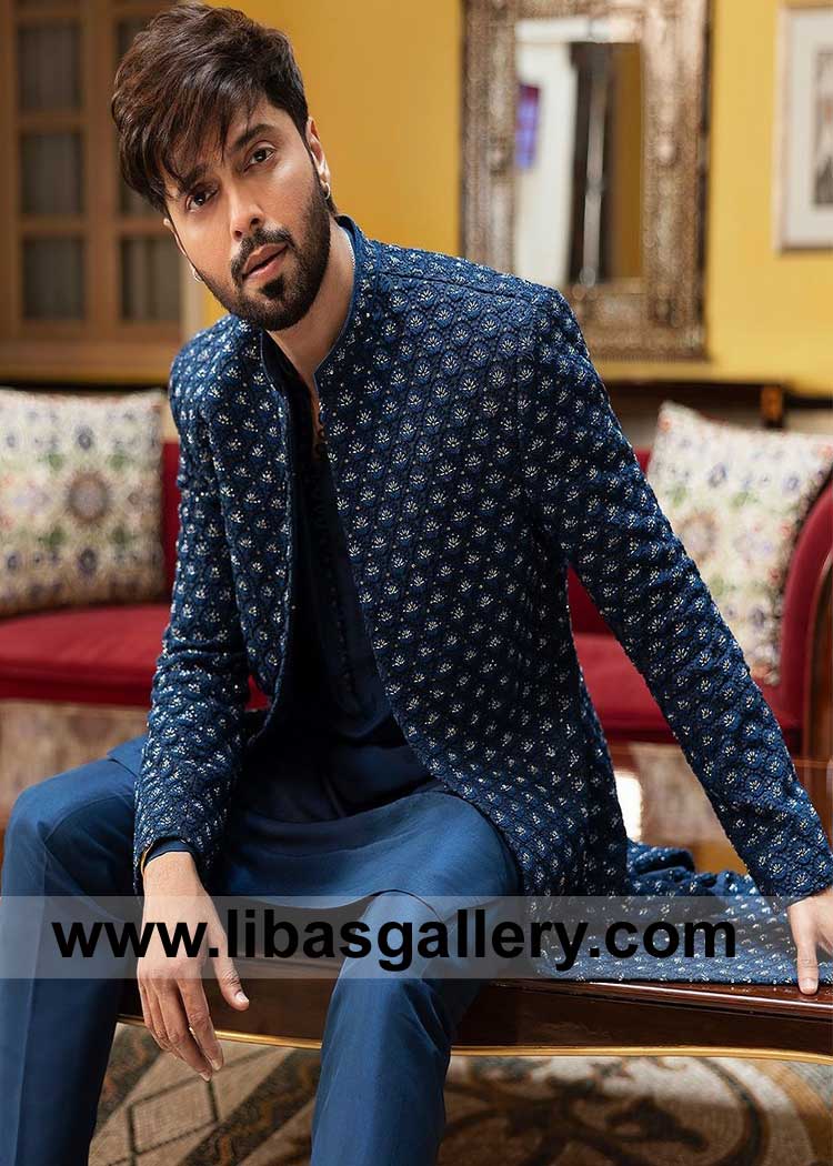 Awesome Pakistani latest Pure karandi Navy Blue Wedding Jacket with Hand work by Kora dabka paired with Raw silk Kurta Pajama UK USA Dubai Australia Malaysia