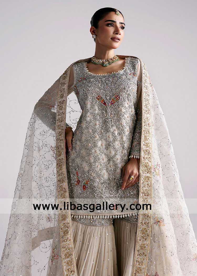 Acoustic White Bridal Gharara Set with Zardozi work