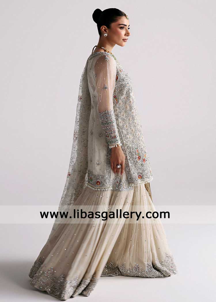 Acoustic White Bridal Gharara Set with Zardozi work