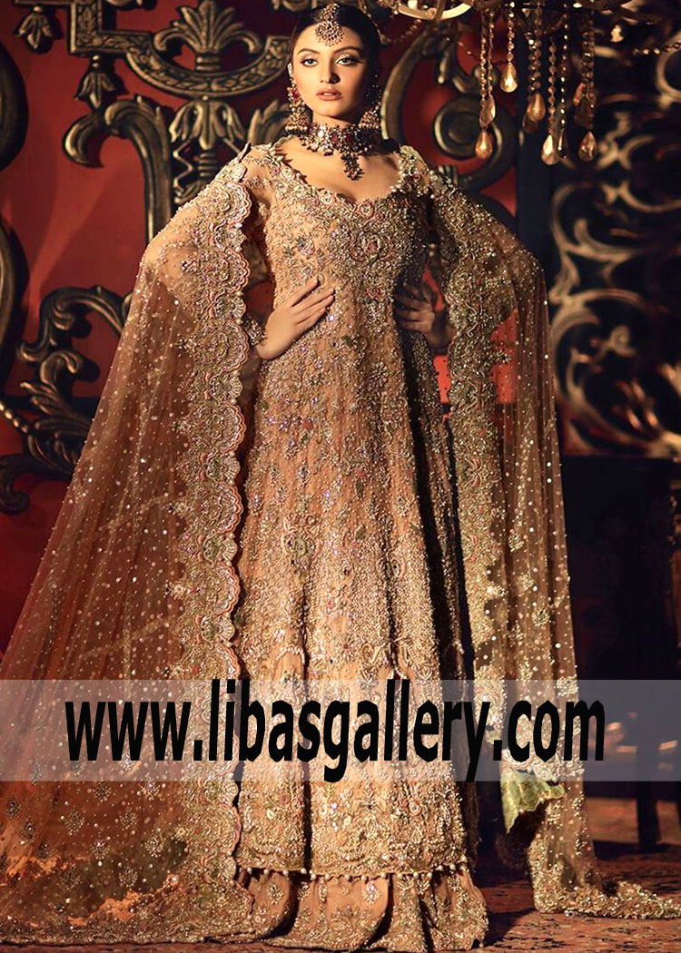 Antique Brass Bridal Anarkali Top With Two Legged Sharara By Aisha Imran