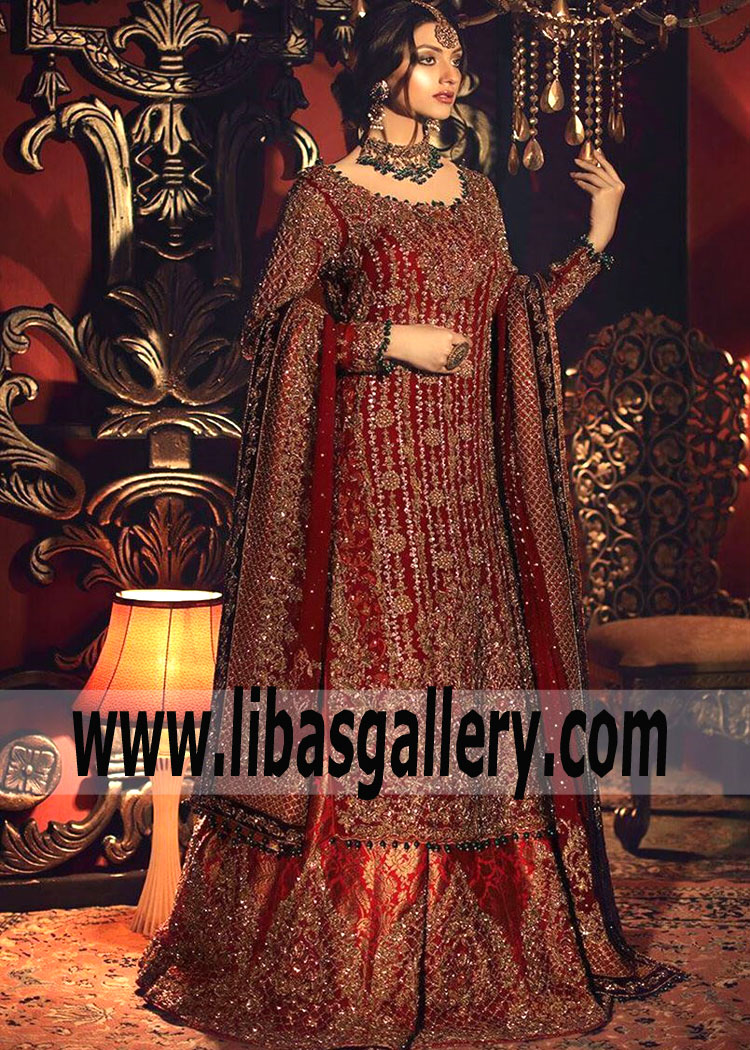 Rosewood Chiffon Long Shirt Amazingly Embellished Bridal Sharara Dress By Aisha Imran