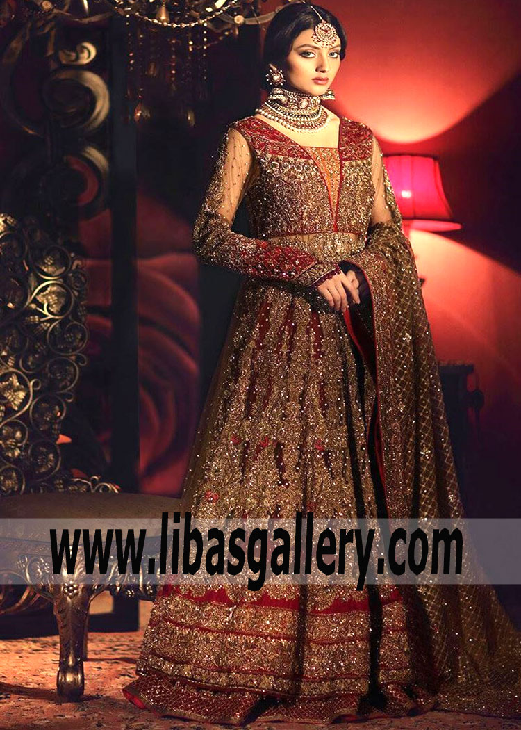 Umber Maroon Embellished Floor Length Long Gown with Puffy Lehenga By Aisha Imran