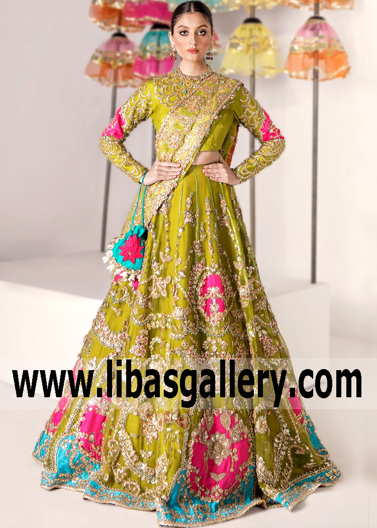 Pakistani Bride Dresses Al Rayyan Qatar Doha Ali Xeeshan Lehenga Choli for Mehndi Event Lehenga Dresses with Price