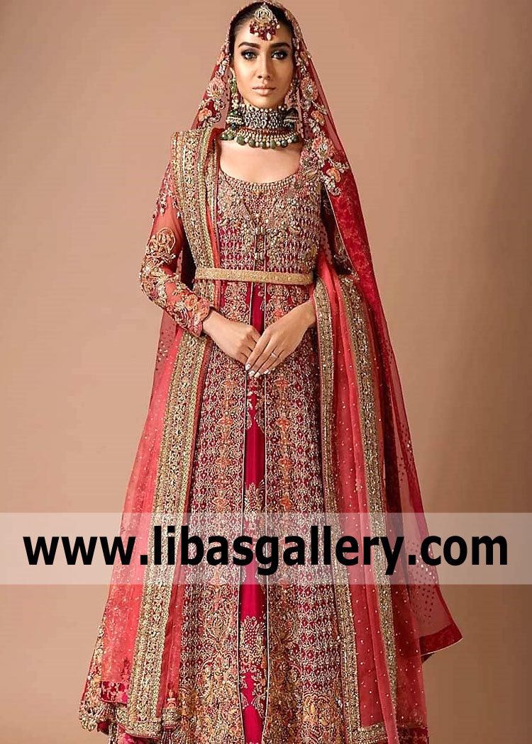 Exquisite Red Coral Anarkali Style Dress for Wedding and Special Occasions