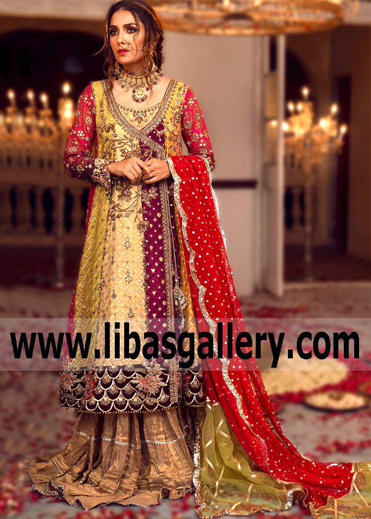 Enthralling Bridal Angrakha Dress for Mehndi, Mayoon, Henna, Manchester, Birmingham, London, UK