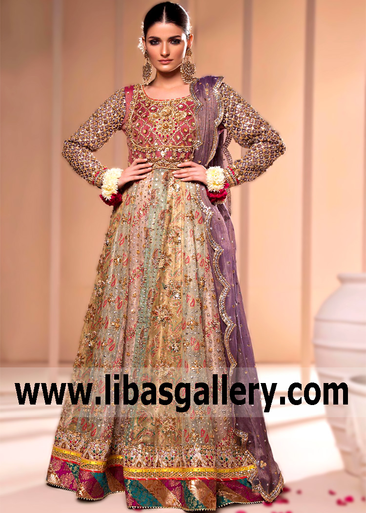 Multi colored Anarkali Special Occasion Dress for Mehndi Bride Newcastle London UK Sangeet Party