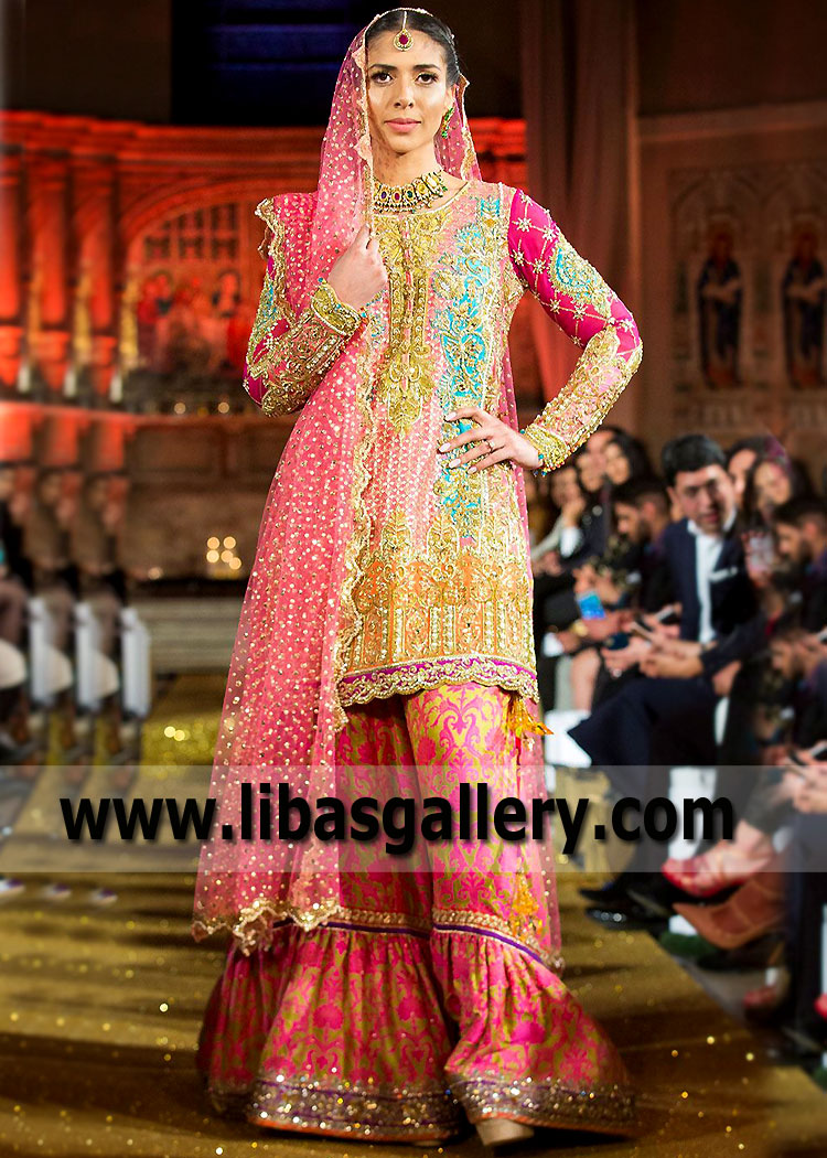 Splendorous Pakistani Bridal Gharara Dress with Astonishing Embellishments for Wedding and Special Occasions