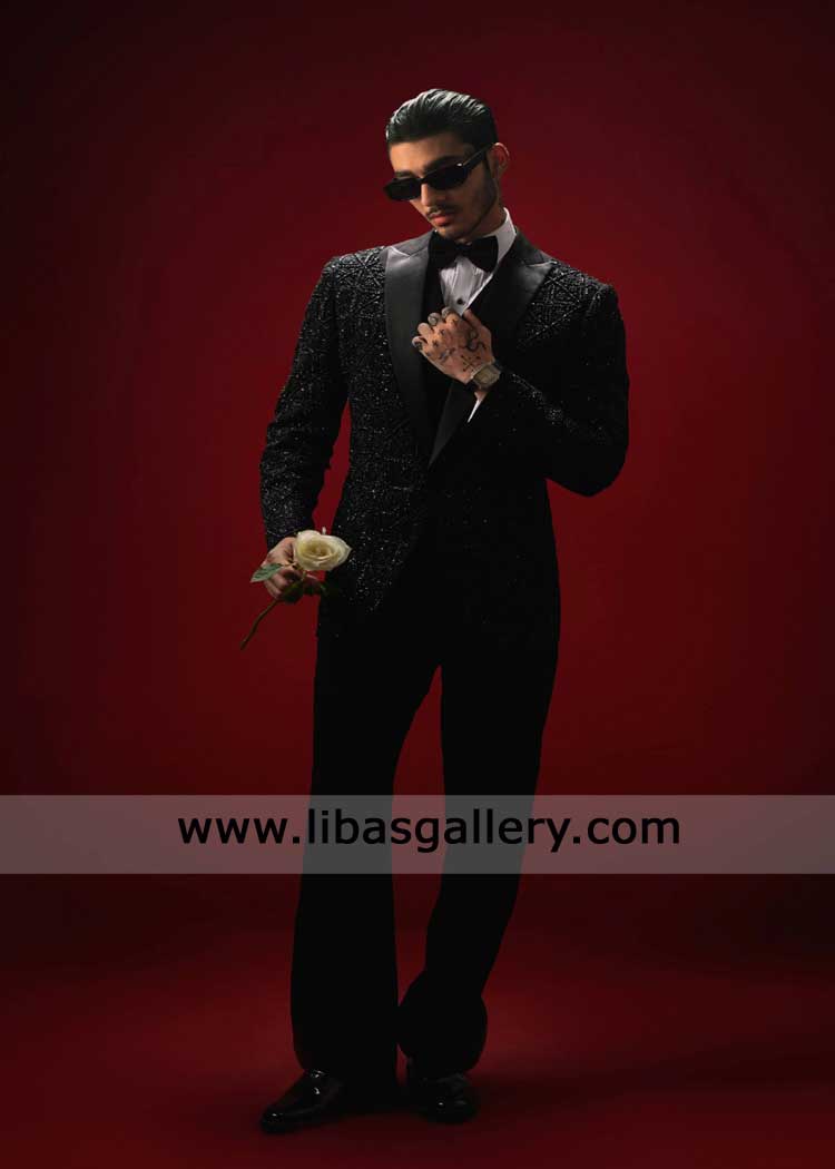 Black Premium Suiting Hand Embellished Tuxedo Set