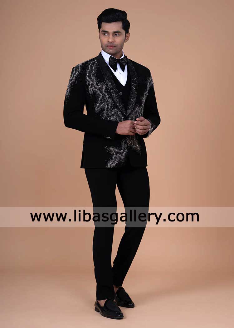 Black Shawl Lapel Tuxedo Hand Embellished for Groom