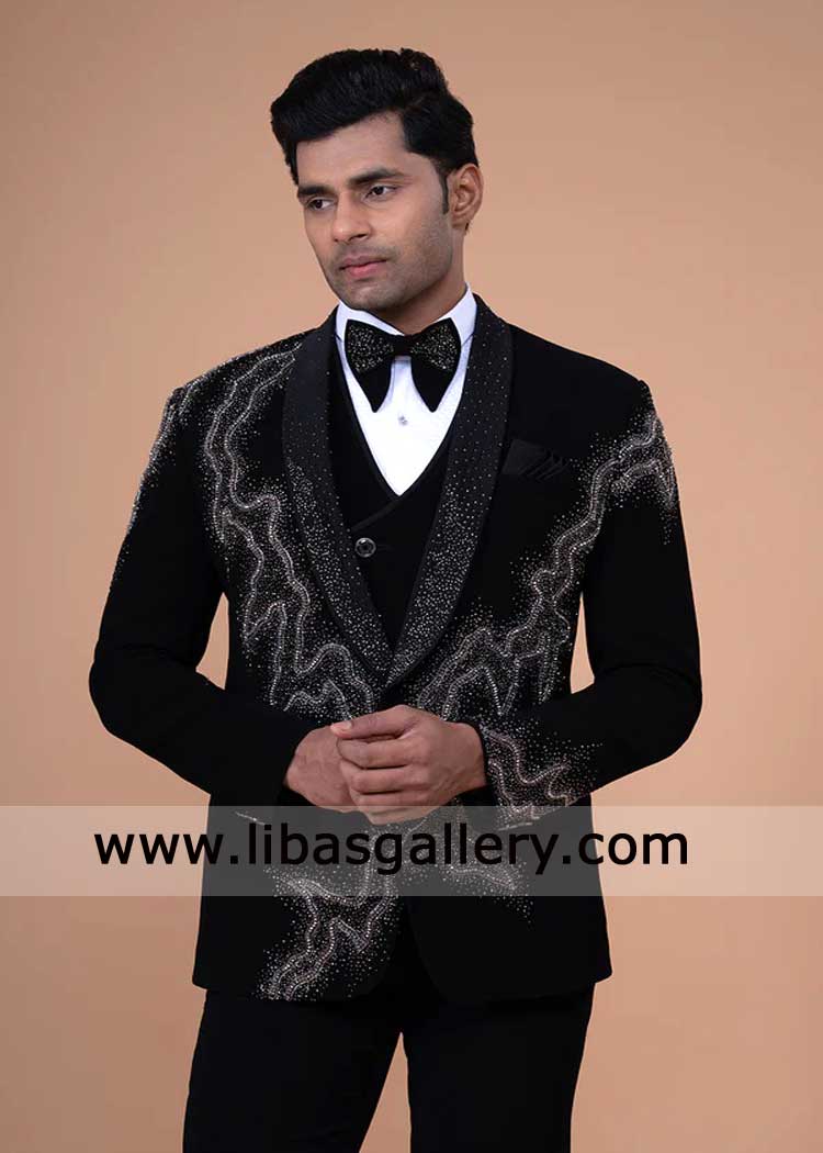 Black Shawl Lapel Tuxedo Hand Embellished for Groom