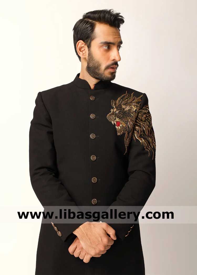 Black Embellished Suiting Sherwani for Nikah Groom
