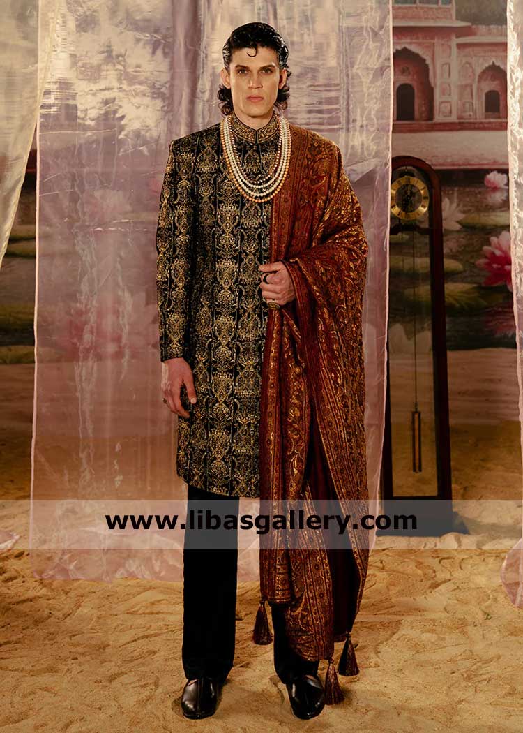 Black Gold Premium Velvet Groom Wedding Sherwani