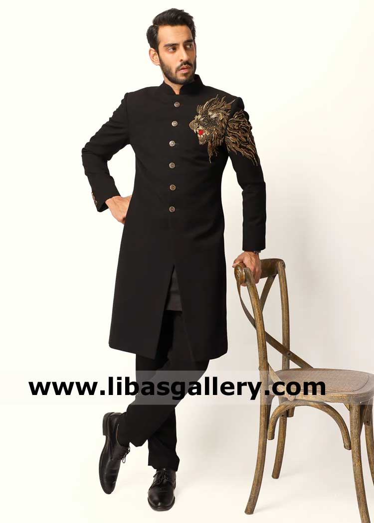 Black Embellished Suiting Sherwani for Nikah Groom