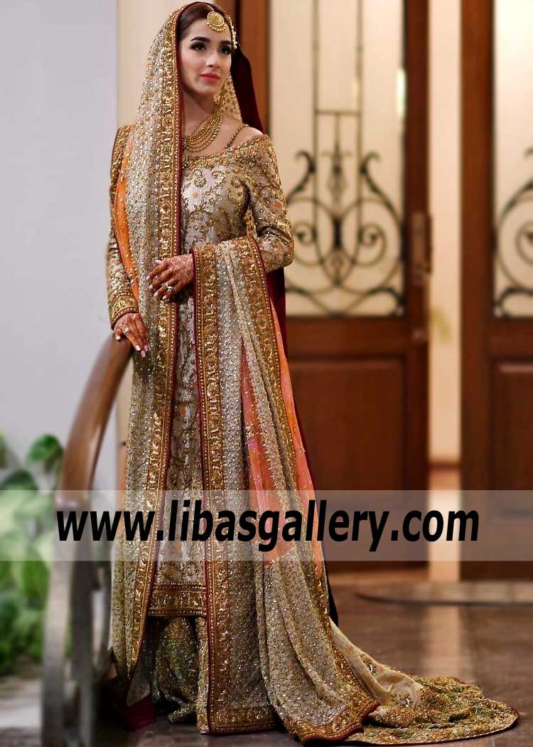 Bridal Wear Dull Gold Zenobia Farshi Lehenga