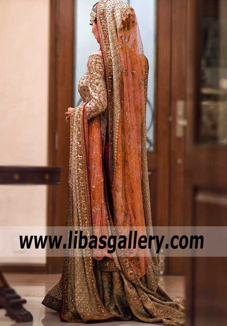 Bridal Wear Dull Gold Zenobia Farshi Lehenga