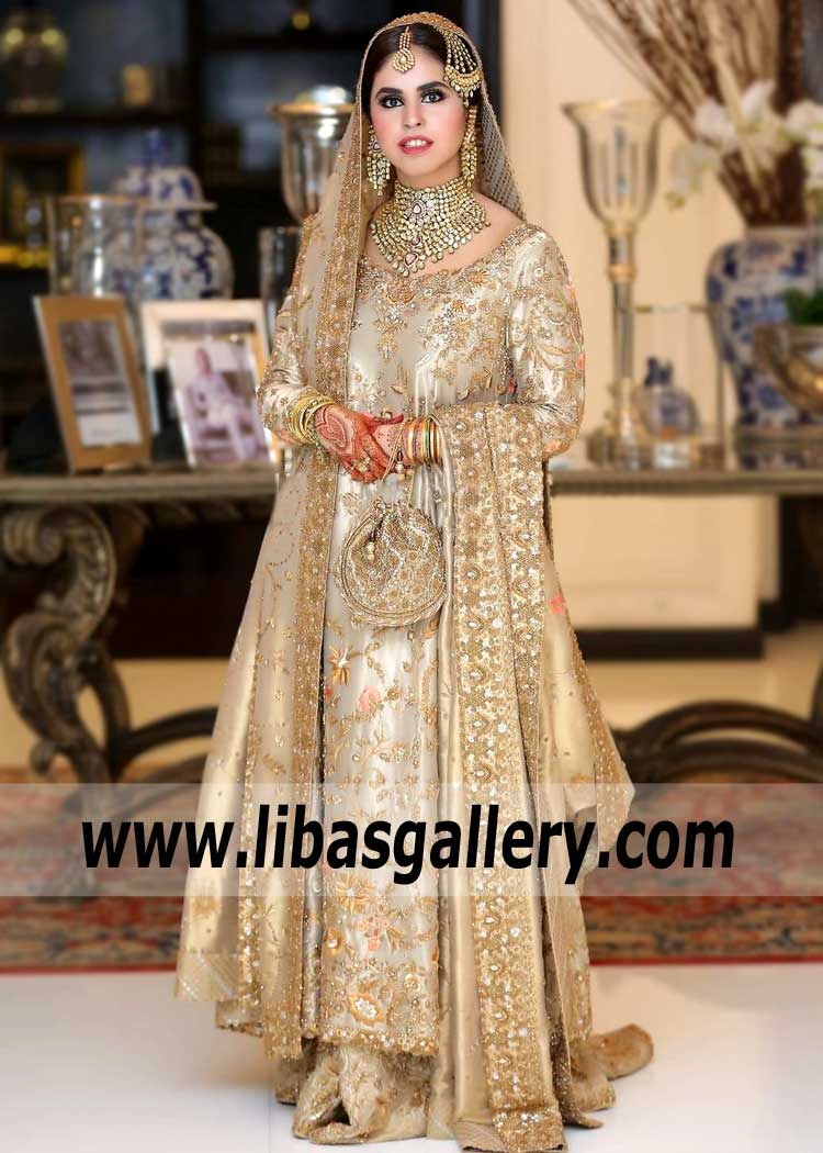 Bridal Wear Gold Khaki Bloom Lehenga