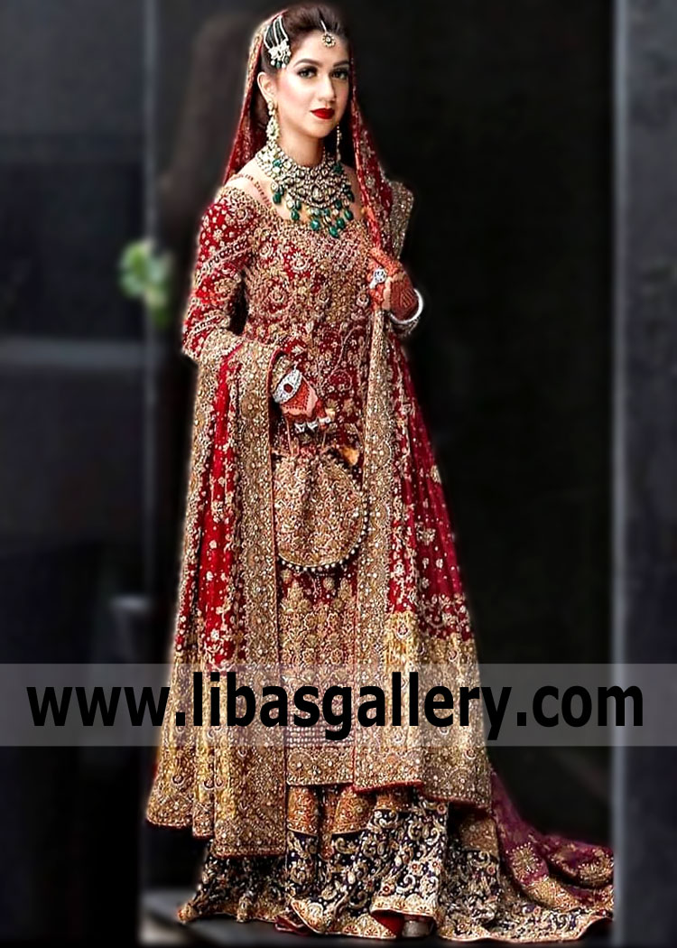 Stunning Bridal Gharara Dress in Dark Red Color