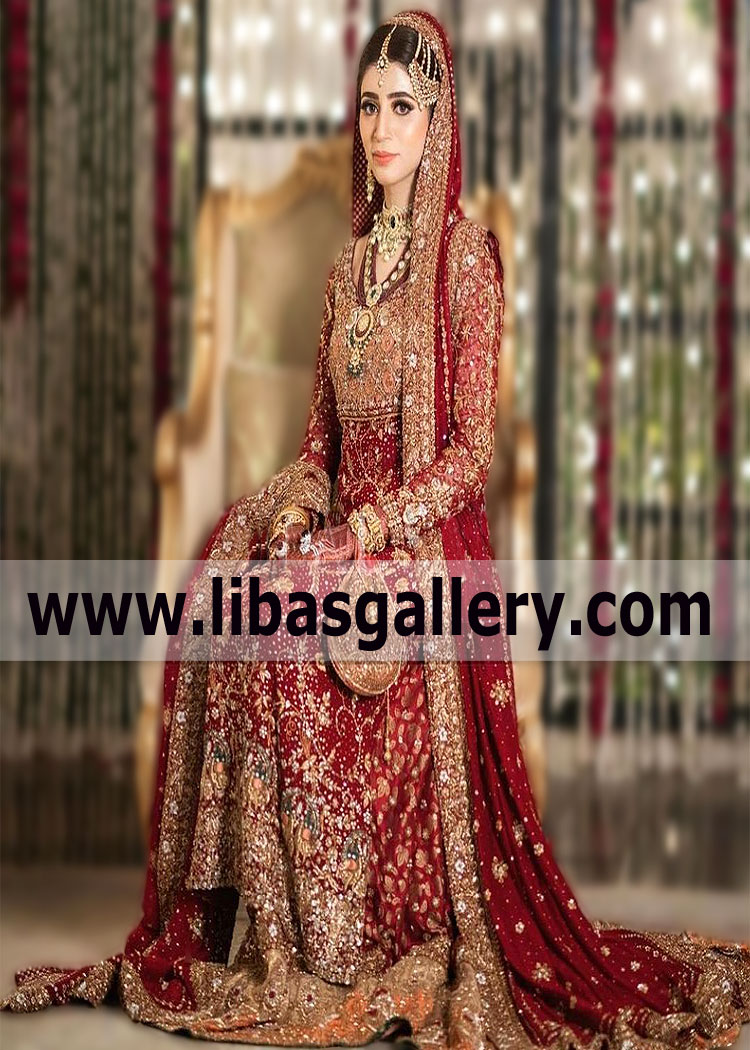 Spectacular Bridal Gharara Dress in Dark Red Color
