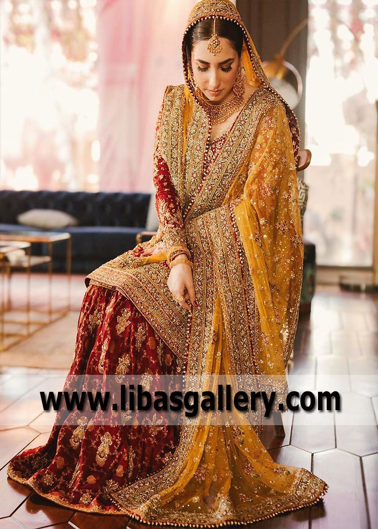 Ruby Wine Marigold Wedding Gharara Dress